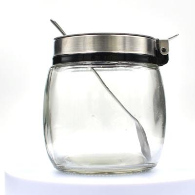 China Viable Salt Herbs Spice Containers Stainless Steel Glass Seasoning Jar 235ml With Lid And Metal Spoon for sale