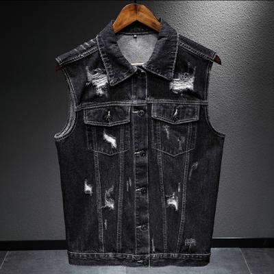 China Anti-Wrinkle Fall Ripped Blue Cowboy Waistcoat Street Wear Washed Men's Denim Sleeveless Utility Denim Vest Jean Jackets Men's Vests for sale