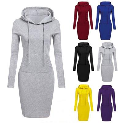 China Autumn and winter solid color pullover pocket sweater dress anti-static hooded women for sale