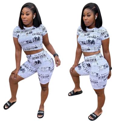 China Sustainable Woman Clothing Two Piece Sets Casual Newspaper Print Short Sleeve Romper 2 Pieces for sale