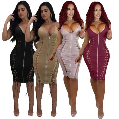 China Wholesale Breathable OEM ODM New India Fashion Lace Up Zipper Bodycon Midi Dress Dresses Formal Dress For Women for sale