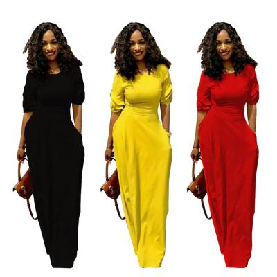 China 2020 new hot sale Anti-wrinkle Africa solid color maxi waist tight dress with pocket half sleeve dress abaya for sale