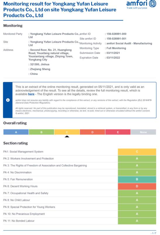 BSCI - Yongkang Yufan Leisure Products Manufacture Co., Ltd.