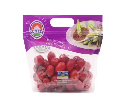 China Customized Moisture Proof Plastic Rack Up Ziplock Fruit Vegetable Packaging Bag With Air Hole for sale