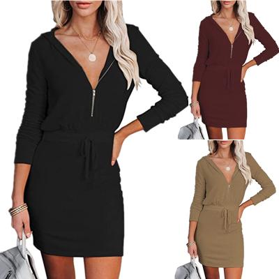 China 2021 New Autumn Women's Breathable Casual Dresses Plus Size Cotton Comfortable Casual Long Sleeve Tunic Zipper Hooded Dress for sale