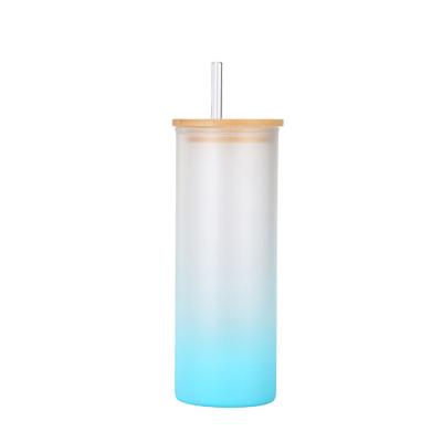 China Anti Wrinkle 16oz 17oz Sublimation Glass Resualbe And Tumbler Can Cup Gradient Frosted Glass Jars With Bamboo Lid Glass Water Bottle o for sale