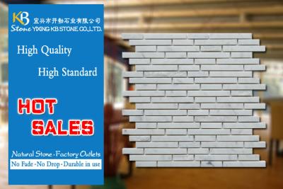 China Mixed Strip Carrara White Stone Mosaic Tile Meshed On 12 x 12 Wall for sale