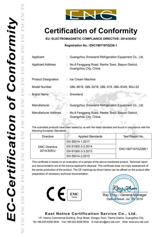 CE - Guangzhou Snowland Refrigeration Equipment Co., Ltd.