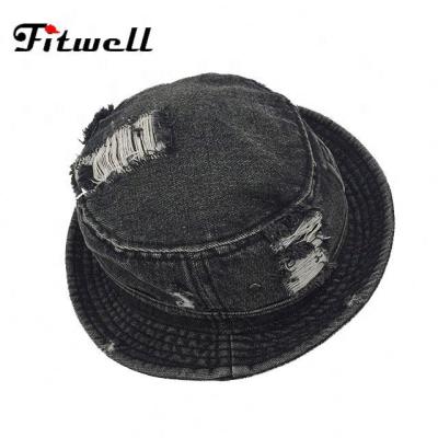 China Custom Character Sun Bucket Hat Denim Distressed Fashion 100% Cotton Embroidered Character Adults Unisex for sale