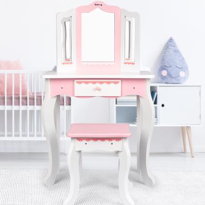 China Upgrade Child's Capacity Manual Style Hot Selling Princess New Dressing Table Set Wooden Girl Makeup Toy Mirror Table and Chair for sale