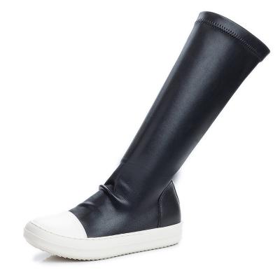 China Light Women Knee High Stretch Boots Long Round Toe Fashion Pleated Leather Black Color Velvet Ladies White Quilted Non-slip Shoes for sale