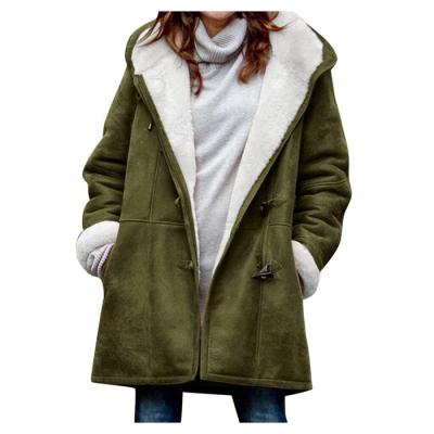 China S-5XL Breathable Women Winter Plus Size Solid Coats Velvet Coat Long Sleeve Horn Loop Pocket Overcoat Hooded Warm Coats for sale