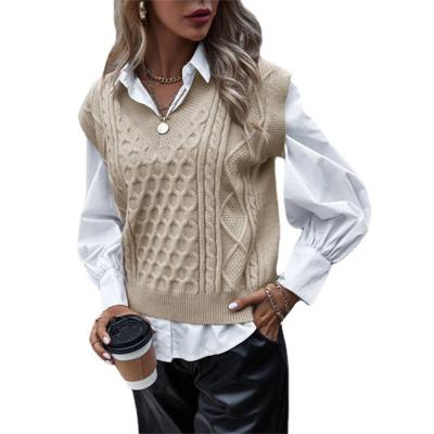 China Breathable Women Twist Knit Sweater Invest V-Neck Sweater Top Vest Sleeveless Loose Knitwear Sweater Vest for sale