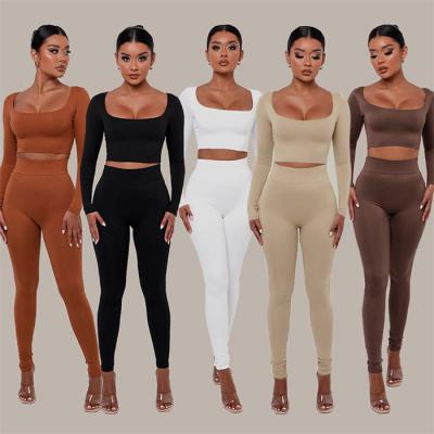 China Women Autumn Low Neck Crop Tops +Skinny Breathable Two Piece Set Pencil Pants Matching Outfit Female Solid Casual Tracksuit for sale