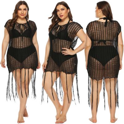 China New Breathable Knitted Beach Cover Up Women Plus Size Bikini Cover Up Hollow Out Beach Dress Tassel Tunics Swimwear Cover-UPS Beachwear for sale