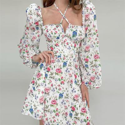 China New Autumn Dress Women Square Neck Floral Print Vintage A-line Party Dress Breathable Hanging Hanging Boho Elegant Dress for sale