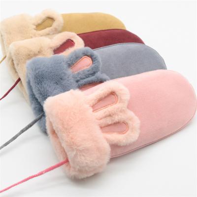 China New Suede Warm Plush Rabbit Ears Hanging Neck Gloves for sale