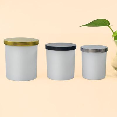 China Home Decoration 200ml 300ml 450ml Matte White Frosted Glass Candle Jar With Metal Lid Silver Gold Black for sale