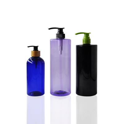 China BEAUTY PACKAGING PET Bottle 100ml 150ml 200ml 250ml 300ml 400ml 500ml Empty Plastic Black Blue Shampoo And Condition Bottle With Bamboo Pump for sale