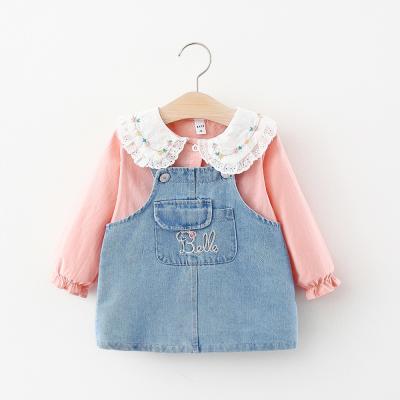 China Autumn Baby Girls Children Casual Suits Lace Collar Embroidery Shirt With Denim Dress for sale