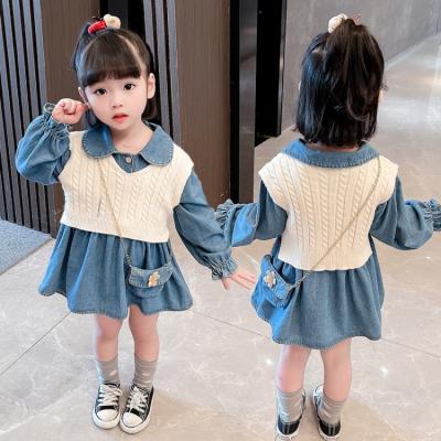 China Girl Autumn Children Casual Suits Fashion Jeans Princess Dress Knitted Vest With Bag zu verkaufen