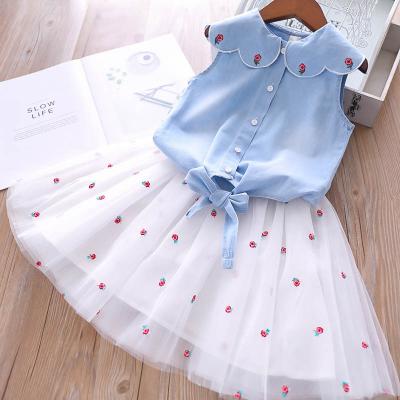 Cina Hotsale Girls' Dress Sets Flower Embroidered Lapel Top+Net Yarn Skirt 2PCS Suit Princess Baby Kids Clothes in vendita