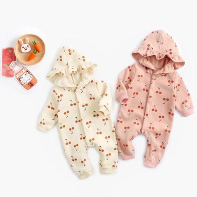 China New Born baby girls winter hooded velvet cherry blossom print romper for climbing zu verkaufen