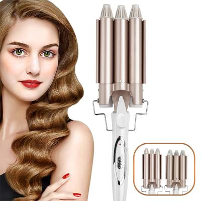 China 2021 Automatic Ceramic Rose Gold Rotating Hair Curling Iron Triple Barrel Electric Hair Curler Outdoor Professional for sale