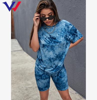 China Tie Dye Anti-Pilling New Dark Blue Custom Logo Tee Shorts Set Two Piece Women's Shorts In Summer for sale