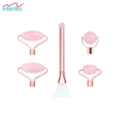 China 5 in 1 2021 New Products Jade Roller Massage Sets For Face Care 5 in 1 Rose Quartz Roller Sets Multifunctional for sale