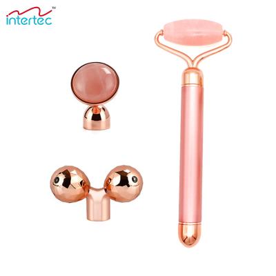 China New Product 2021 Electric Running 3 in 1 Set Electronic Natural Jade Face Roller Massage Jade Roller Set Electric Vibrating Facial for sale