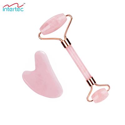 China Multifunctional Hot Selling 100% Natural Stone Board Jade Facial Roller Sets Pink Crystal Quartz Roller With Guasha From Amazon for sale