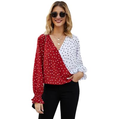 China Spring Patchwork Point Wave Explosion New Style Anti-pilling Long Sleeve Chiffon Blouses Woman for sale