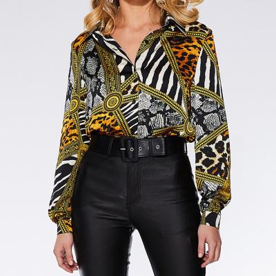 China Anti-pilling new style printed long sleeved casual v-neck chiffon blouses woman for sale