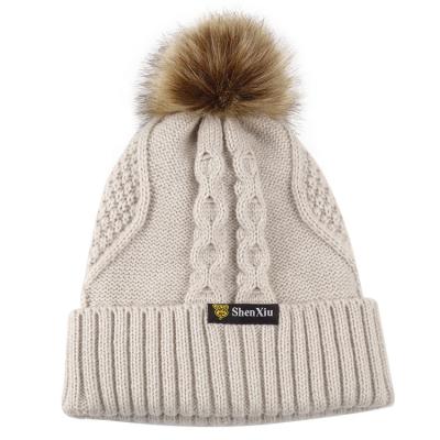 China New Arrival Fur Pom Satin Lined Custom Beanie Hat Wholesale Knitted Beanie Hat for sale