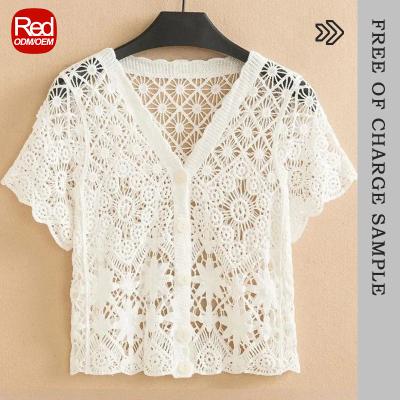 China Factory Customized Crochet Shirts Embroidery Blouses Breathable Elegant Ladies RedHK Directly High Quality Floral V-Neckline Cardigan for sale