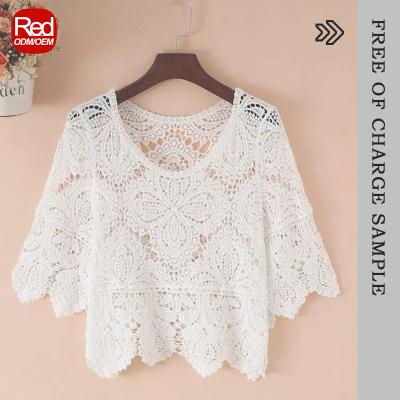 China Breathable RedHK Customized Factory Directly Supply High Quality Crochet Floral Crop Tops Elegant V-Neck Shirts Lady Hot Sale Beach Top for sale