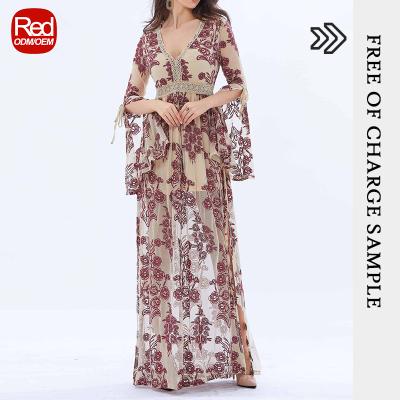 China Breathable RedHK Customized High Quality Mesh Embroidery Elegant V-Neckline Long Sleeve Maxi Woven Dress Long Bell Sheath With Tie Dresses for sale