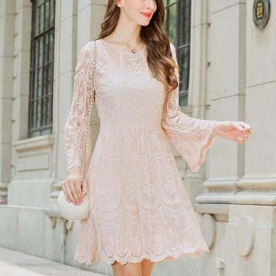 China HKRED Fashion Breathable Dress Girls Sexy Elegant Dress Women Mesh Embroidery Knee Length Elegant Slim Formal Dress Dress for sale