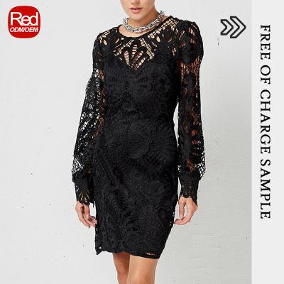 China RedHK Breathable Customized Lace Crochet Embroidery Dress High Quality Cavity Customized Color Long Sleeve Office Casual Dresses for sale