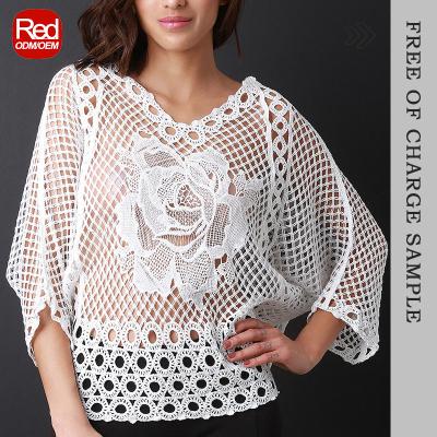 China Breathable High Quality Flower Embroidery Batwing Yarn Cotton Women's RedHK V-Neckline Crochet Tops Casual Tops for sale