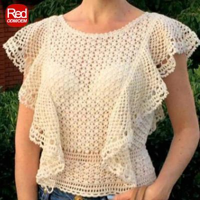 China RedHK Newest Designer Crochet Tops Cotton Women's Ruffle Embroidery Yarn Lady Top Summer Crochet Breathable High Quality Women Tops for sale