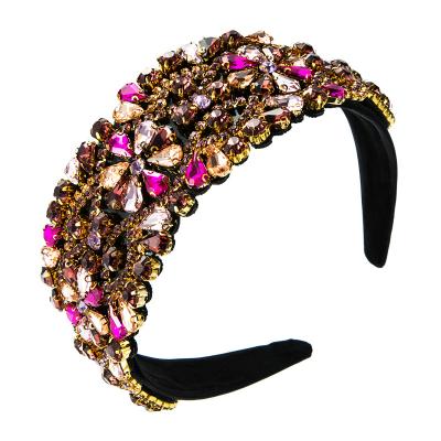 China Full Bling Diamond Headbands Luxury Retro Daily Wear Elastic Headband Wide Baroque Rhinestone Hair Band For Women for sale