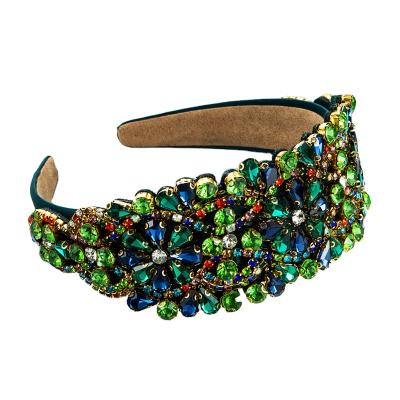 China Full Bling Diamond Headbands Luxury Retro Christmas Crystal Headbands Green Flower Jewelry Bling Elegant Headband For Women for sale