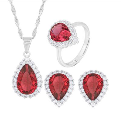 China Red Stone Pendant Necklace Earrings Rings Jewelry Sets 925 Sterling Silver Red Stone Luxury Necklace Earrings Rings Pendant Jewelry Sets 925 Silver Drop Shape Jewelry Sets water place for for sale