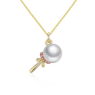 China 925 Sterling Silver Pearl Necklace 925 Cubic Zirconia Pendant 18k Gold Pearl Lollipop Necklace For Women for sale