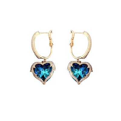 China Gold Plated 925 Needle Diamond Heart Shaped Earrings Silver Jewelry Earrings Gold Plated Diamond Heart Earrings For Women Blue for sale