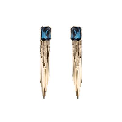 China Gold Plated 925 Silver Needle Earrings 925 Gold Tassel Earrings Large Sterling Silver Needle Square Crystal Long Earrings For Women for sale