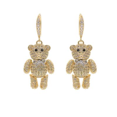 China 925 Silver Stiletto Earrings Full-Glod Geometric Diamond Plated Cute Animal Bear Jewelry Drop Earrings Rhinestone Teddy Bear Earrings For Girls for sale