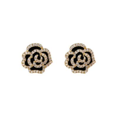 China Silver Flower Rose Stud Earrings Gold Plated Camellia Flower Earrings For Women French Rhinestone Needle Rose Stud Earrings 925 Gold Plated Flower for sale